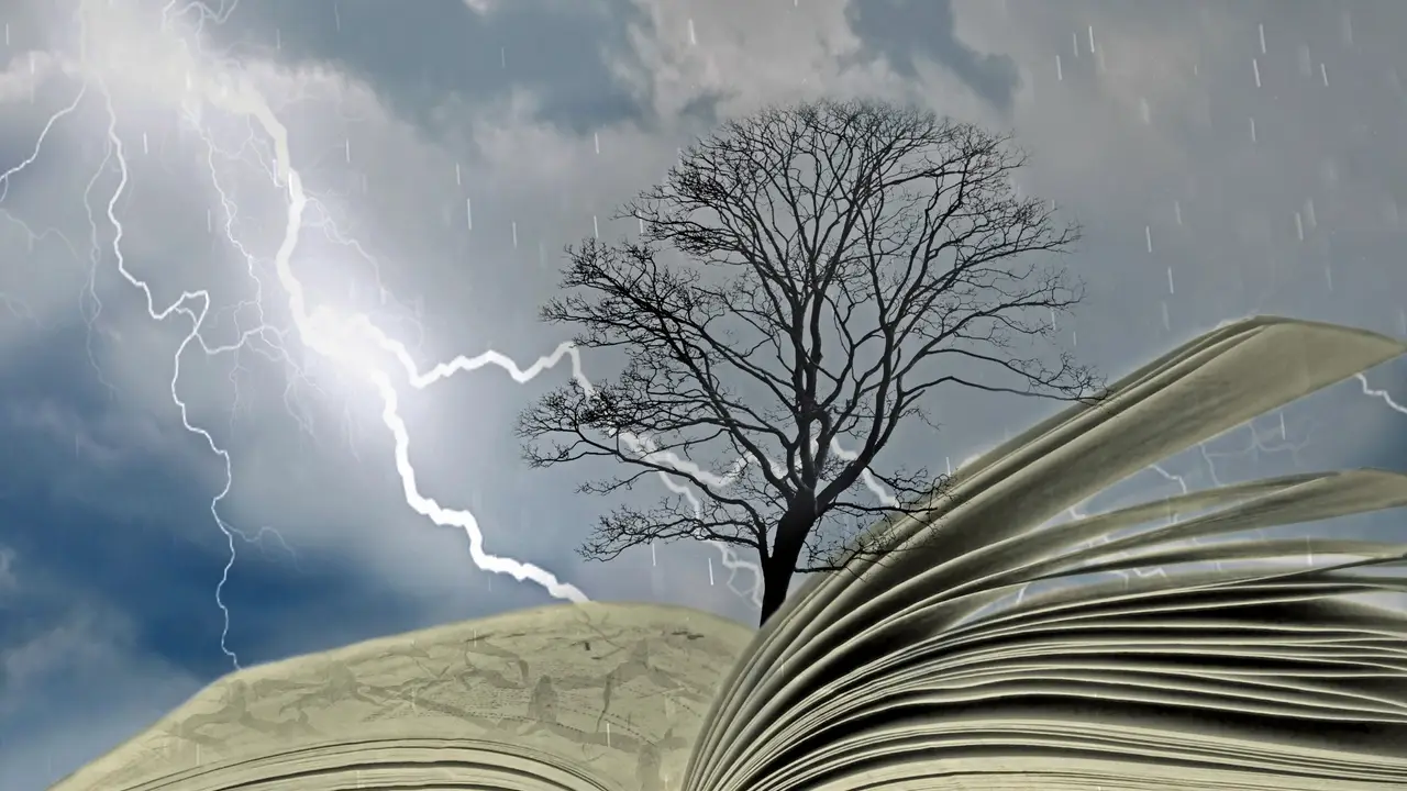 Close up on a plate of mashed potatoes, topped with baked pork chops with cream of mushroom soup, and a side of green beans.